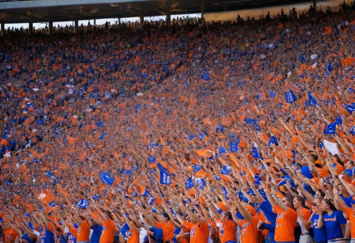 A dynamic scene showcasing a passionate crowd of Gators supporters in vibrant blue and orange apparel, cheering with banners and flags at a football stadium. The excitement is palpable as their faces radiate enthusiasm, with some holding signs of encouragement. In the background, the iconic Gators stadium is alive with energy, while the sun sets, casting a golden glow. super-realistic. vibrant colors. 3D.