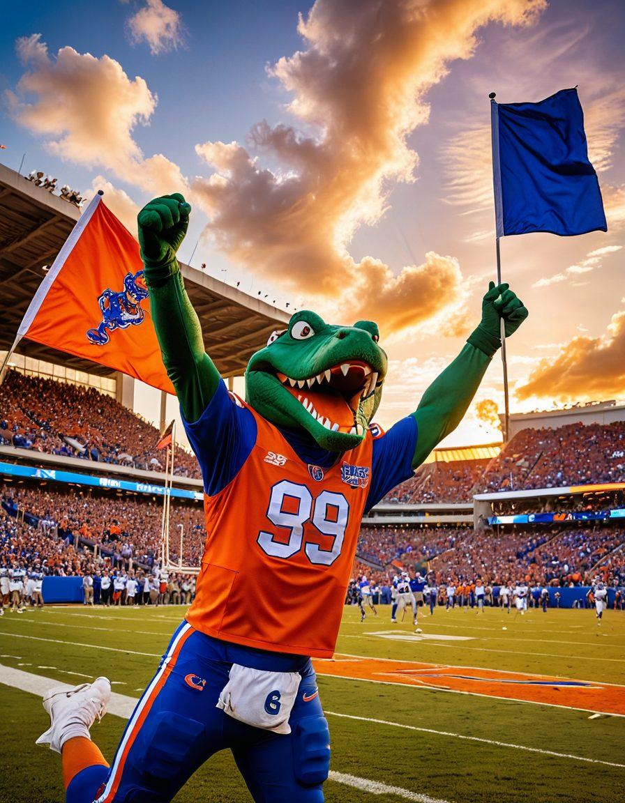 A dynamic scene capturing the spirit of Florida Gators athletics, featuring an enthusiastic crowd wearing orange and blue, waving flags and cheering in a lively stadium. Highlight the iconic Gators mascot and a football player in action, exuding determination and joy. Include a vibrant sunset backdrop to evoke energy and passion. super-realistic. vibrant colors. 3D.