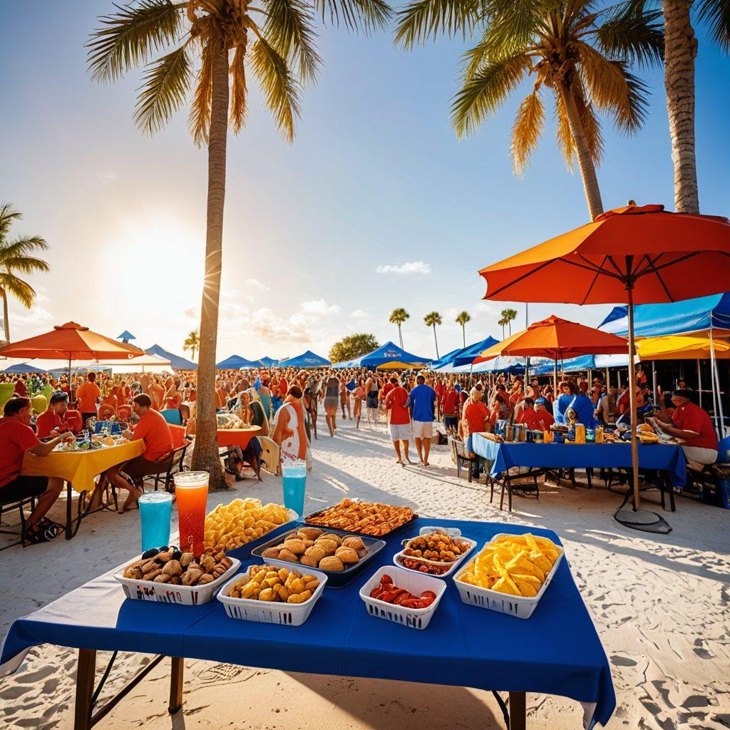 A lively tailgating scene in Florida, showcasing fans in vibrant team colors celebrating before a game, with palm trees and a stadium in the background. Capture the excitement with snacks, drinks, and grills creating a festive atmosphere. Include elements of Florida's culture, such as beach vibes and sunshine. super-realistic. vibrant colors. 3D.